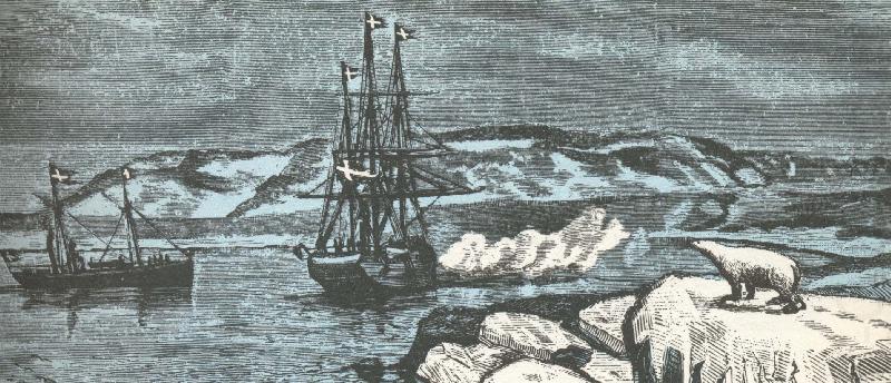 nordenskiolds fartyg vega ger salut,da det rundar asiens nordligaste udde kap tjeljuskin i augusti 1878, william r clark